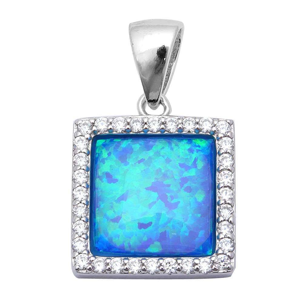 Sterling Silver Square Blue Fire Opal And Cubic Zirconia PendantAnd Width 24.5x15mmAnd Length 1x.5inch