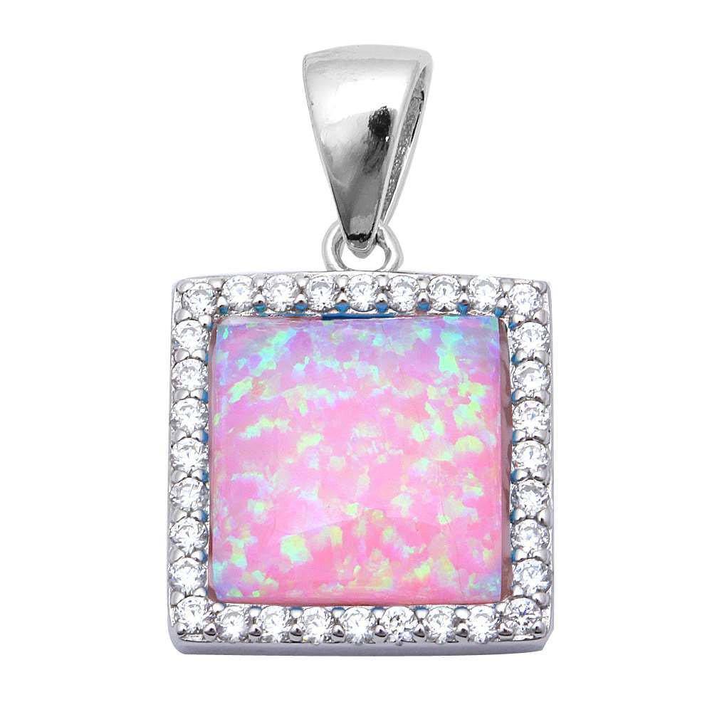 Sterling Silver Square Pink Fire Opal And Cubic Zirconia PendantAnd Width 24.5x15mmAndLength 1x.5inch