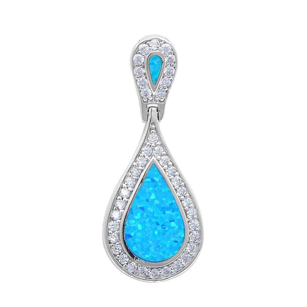 Sterling Silver Blue Opal Tear Drop Pendant With CZ StonesAnd Width 35x14mmAnd Thickness 4mm