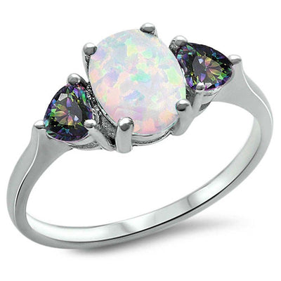 Sterling Silver Oval White Opal and CZ Heart Ring With CZ StonesAndStone Width 8mm x 6mm