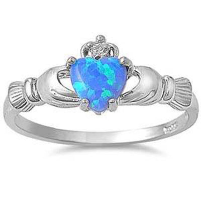 Sterling Silver Blue Opal Claddagh .925 Ring With CZ Stone