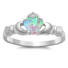Load image into Gallery viewer, Sterling Silver Light Blue Opal Claddagh Ring with CZ Stones