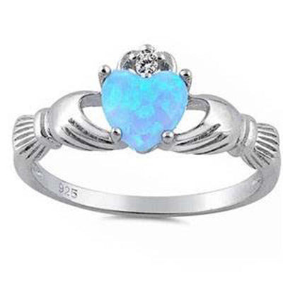 Sterling Silver Light Blue Opal Claddagh and Cubic Zirconia .925 Ring