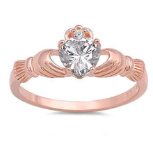Load image into Gallery viewer, Sterling Silver Rose Gold Plated And CZ Claddagh Ring
