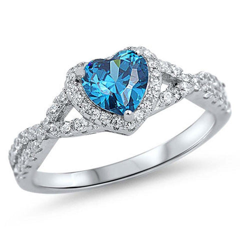 Sterling Silver Blue Topaz Heart With Cubic Zirconia Ring