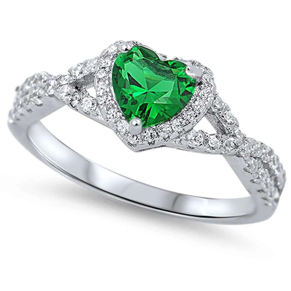 Sterling Silver Heart With Emerald And Cubic Zirconia Eternity Band Ring