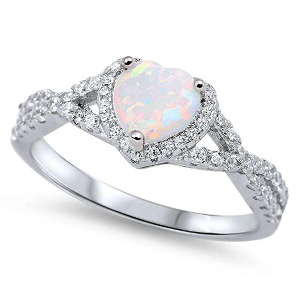 Sterling Silver Heart with White Opal Silver Ring with CZ Stones