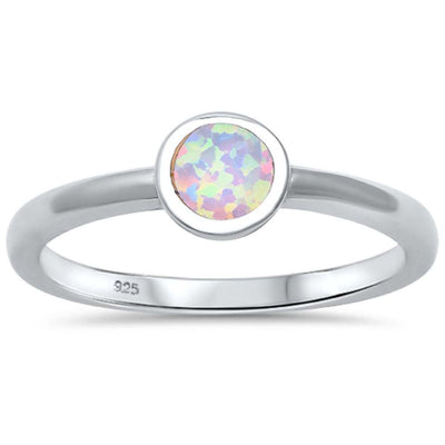 Sterling Silver Round Shape Lab Created White Opal .925 Ring
