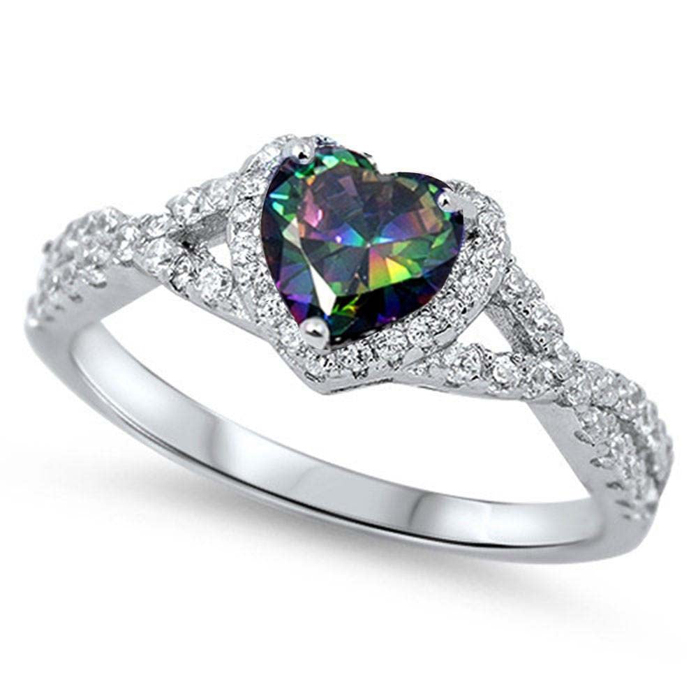 Sterling Silver Rainbow Topaz Heart & Cubic Zirconia  Ring