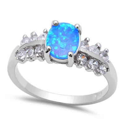 Sterling Silver Oval Ring with Blue Opal and Cubic Zirconias  Ring With CZ Stones