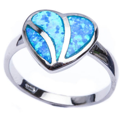 Sterling Silver Heart Ring with Blue Fire Opal Inlay Design Ring With CZ Stones