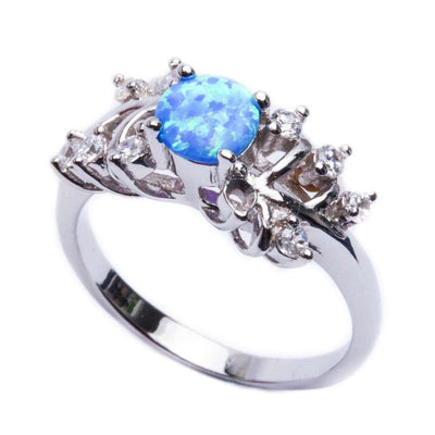 Sterling Silver Round Blue Opal CZ Leaves Ring With CZ StonesAndWidth 9mm