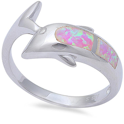 Sterling Silver Fire Pink Opal Dolphin Ring With CZ StonesAnd Width 12mm