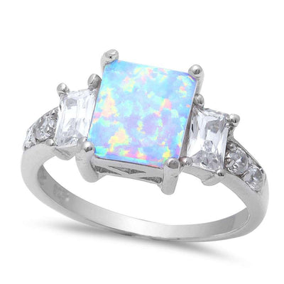 Sterling Silver Radiant Cut White Opal & Cubic Zirconia Ring with CZ stoneAnd Width  10mm