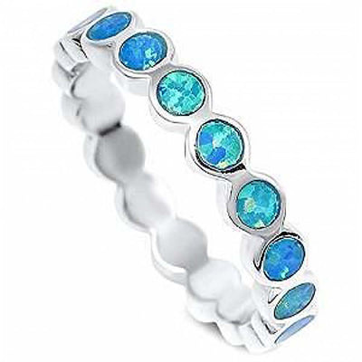 Sterling Silver Round Blue Opal Fashion Band Ring with CZ stoneAnd Width  3mm