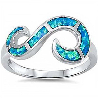 Sterling Silver Blue Opal Sideways Letter S Ring with CZ stoneAnd Height11 mm