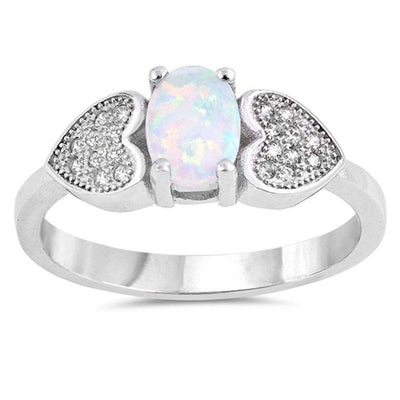 Sterling Silver Oval Shape White Opal with Micropave Hearts Ring with CZ stone