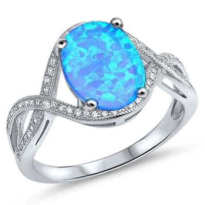 Sterling Silver Lab Created Blue Opal Oval Twisted Infinity Band Ring