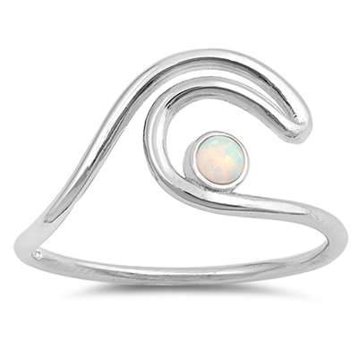 Sterling Silver Double Wave with Round White Opal .925 Ring with CZ Stones
