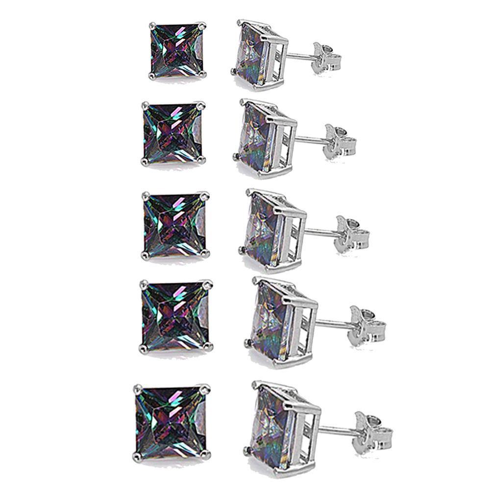 Sterling Silver Square Rainbow Topaz Cubic Zirconia Casting Stud Earrings - silverdepot
