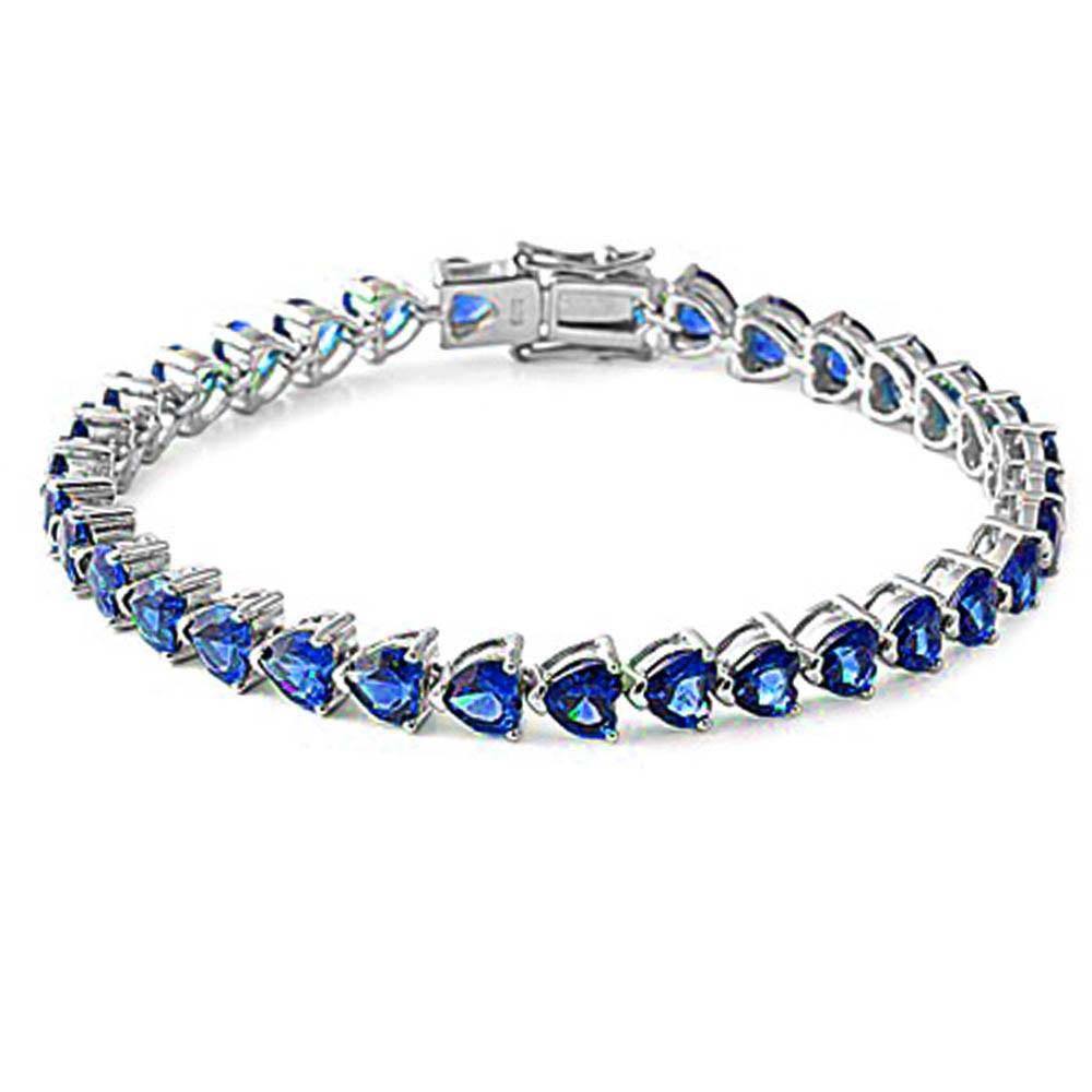 Sterling Silver Blue Sapphire Heart Cz Gemstone Bracelet Solid
