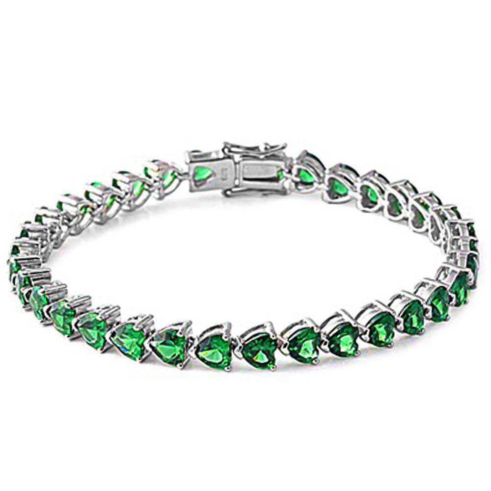Sterling Silver Green Emerald Heart Cz Gemstone Bracelet Solid