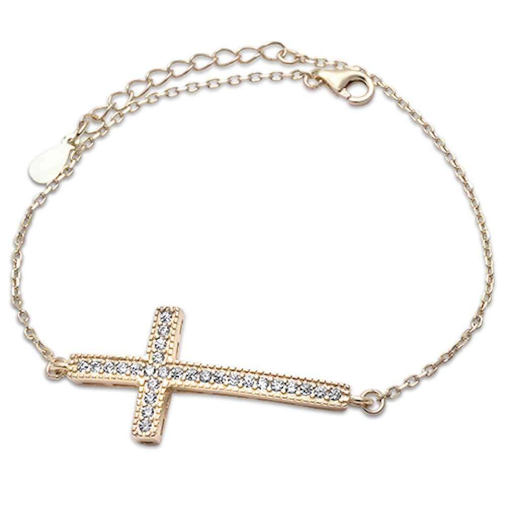Sterling Silver Yellow Gold Plated Micro Pave Cz Cross Bracelet
