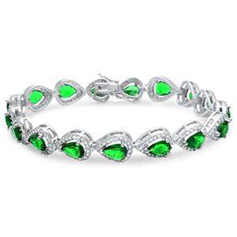 Sterling Silver Pear Shape Emerald & Cz Bracelet