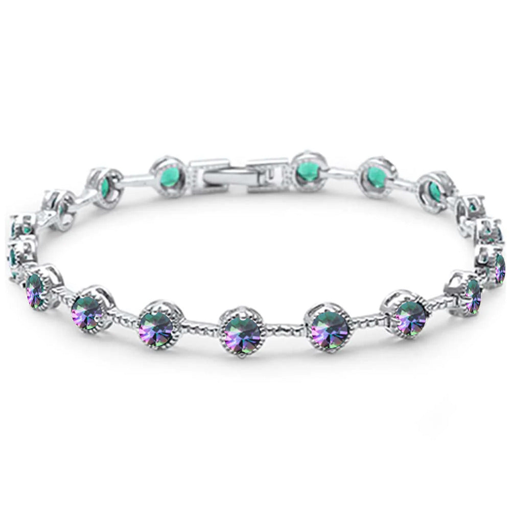 Sterling Silver Round Rainbow Topaz CZ Tennis Bracelet-7inches