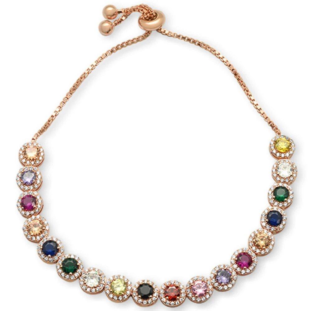 Sterling Silver Rose Gold Plated Round Multicolor Gemstones CZ Adjustable Toggle Bola Bracelet - silverdepot