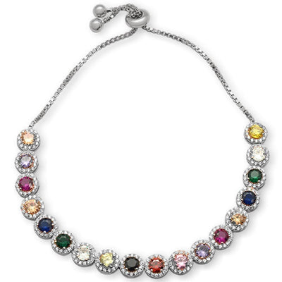 Sterling Silver Round Multicolor Gemstones CZ Adjustable Toggle Bola Bracelet - silverdepot