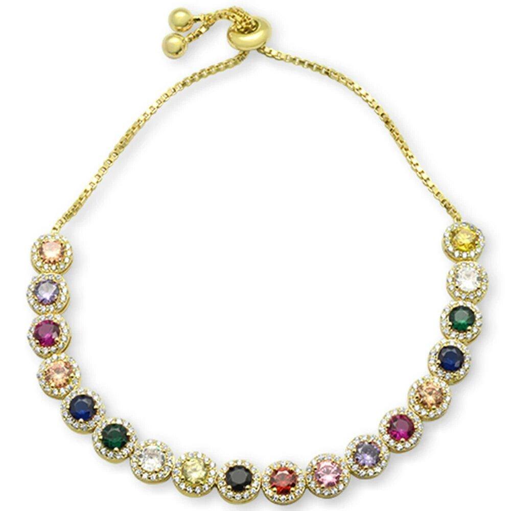 Sterling Silver Yellow Gold Plated Round Multicolor Gemstones CZ Adjustable Toggle Bola Bracelet - silverdepot