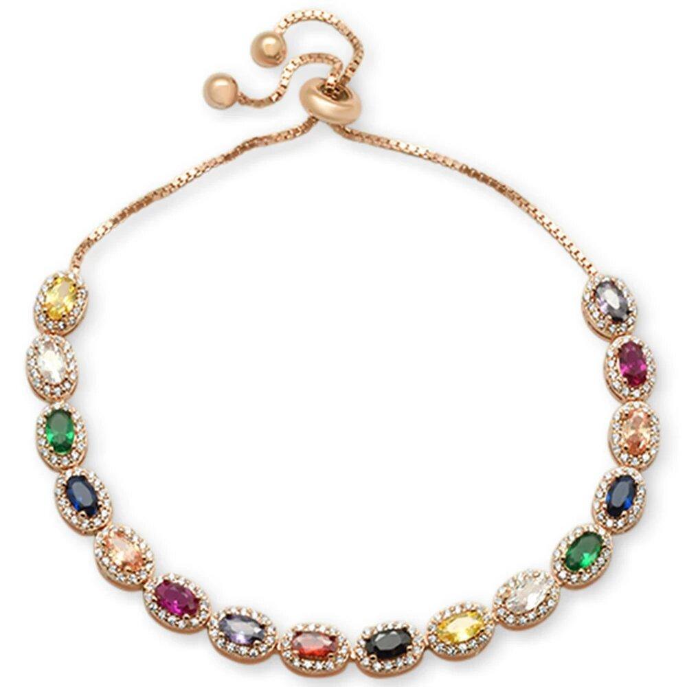 Sterling Silver Rose Gold Plated Pear Multicolor Gemstones CZ Adjustable Toggle Bola Bracelet - silverdepot