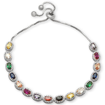 Sterling Silver Oval Multicolor Gemstones CZ Adjustable Toggle Bola Bracelet - silverdepot