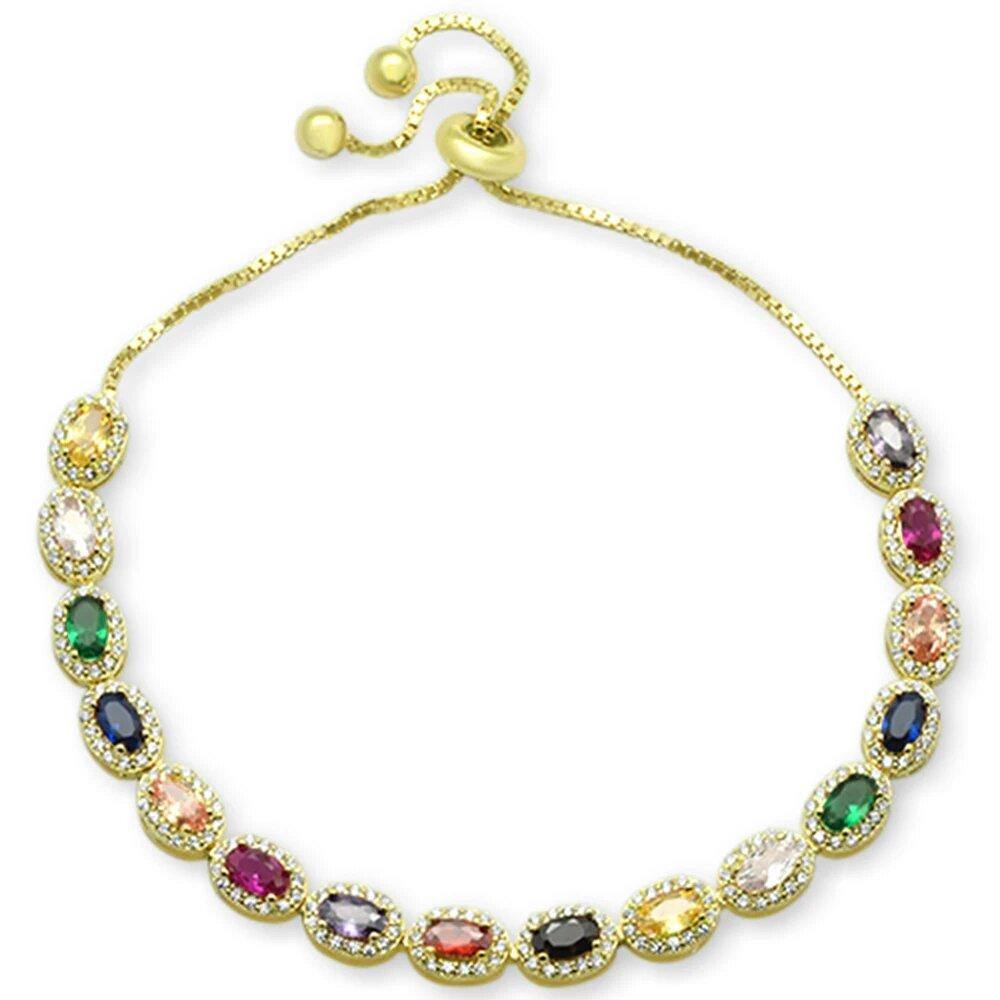 Sterling Silver Yellow Gold Plated Pear Multicolor Gemstones CZ Adjustable Toggle Bola Bracelet - silverdepot