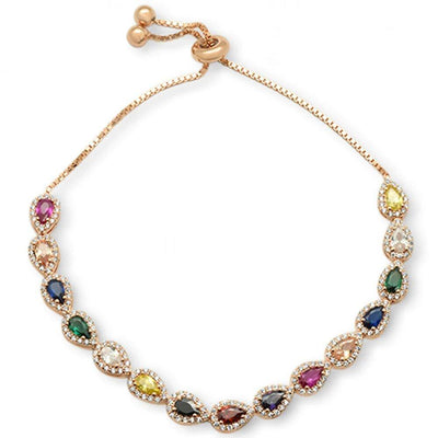 Sterling Silver Rose Gold Plated Pear Multicolor Gemstones CZ Adjustable Toggle Bola Bracelet - silverdepot