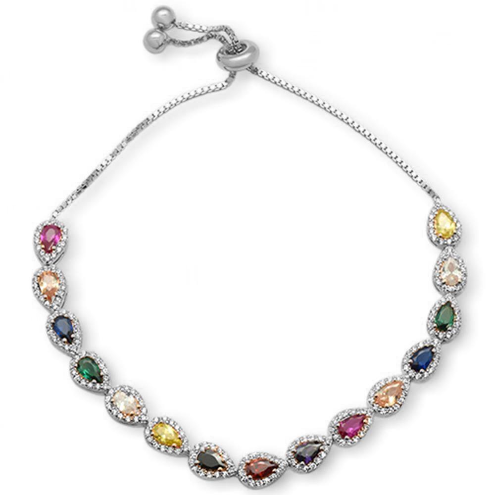 Sterling Silver Pear Multicolor Gemstones CZ Adjustable Toggle Bola Bracelet - silverdepot