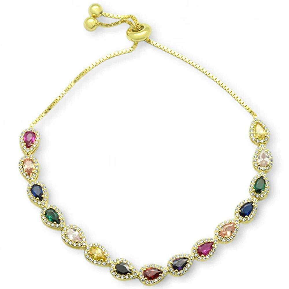 Sterling Silver Yellow Gold Plated Pear Multicolor Gemstones CZ Adjustable Toggle Bola Bracelet - silverdepot