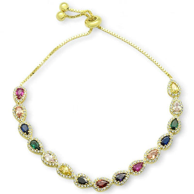 Sterling Silver Yellow Gold Plated Pear Multicolor Gemstones CZ Adjustable Toggle Bola Bracelet - silverdepot