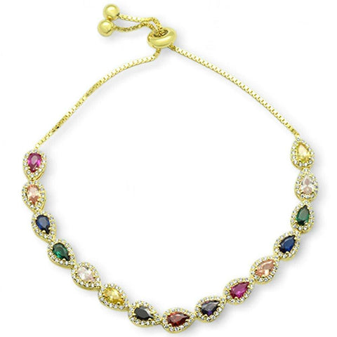 Sterling Silver Yellow Gold Plated Pear Multicolor Gemstones CZ Adjustable Toggle Bola Bracelet