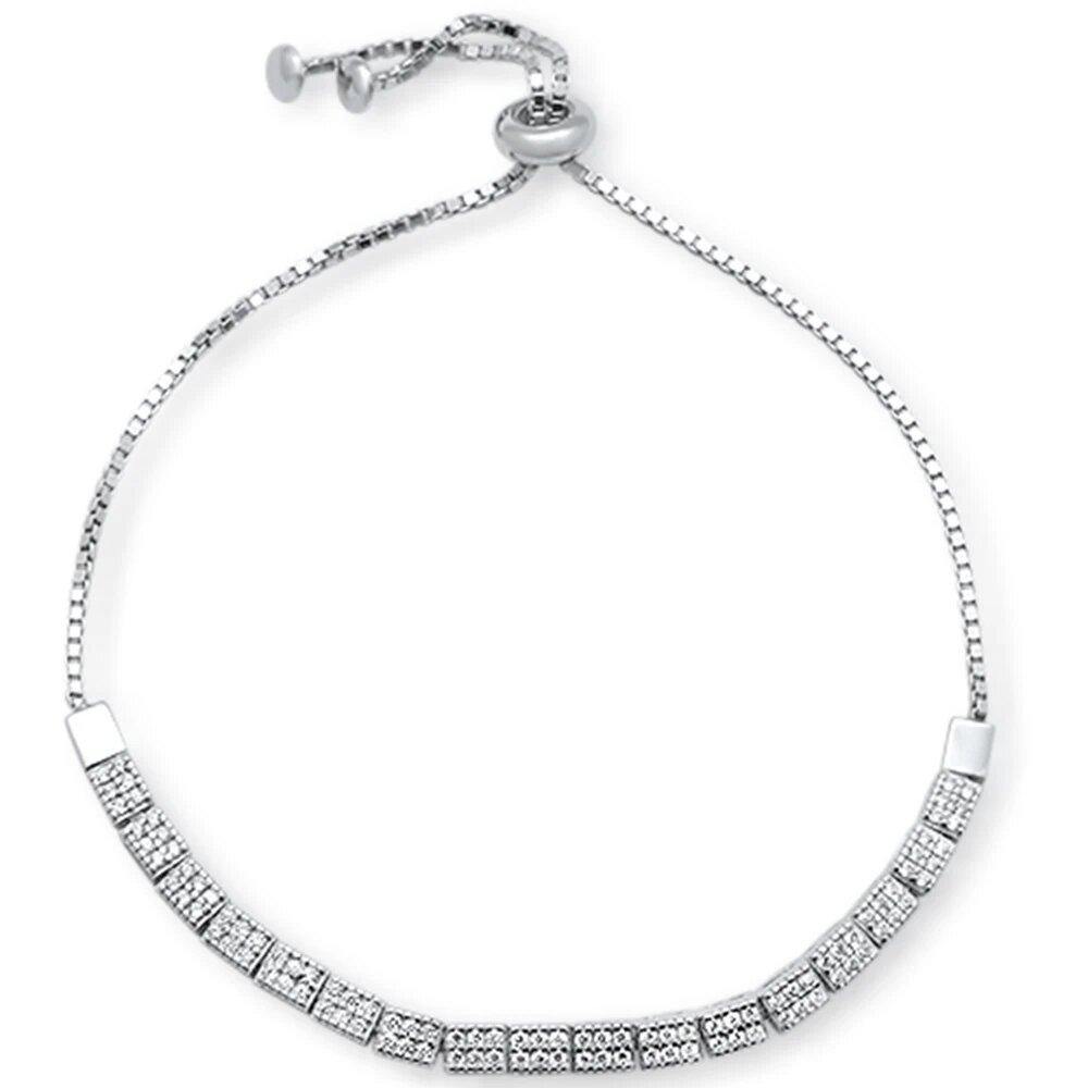 Sterling Silver Micro Pave Cubic Zirconia Adjustable Toggle Bola Bracelet - silverdepot