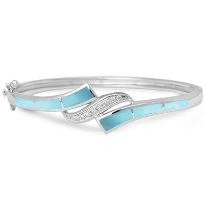 Sterling Silver Natural Larimar And Cubic Zirconia Bangle Bracelet