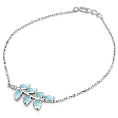 Sterling Silver Natural Larimar Leaf Design Bracelet