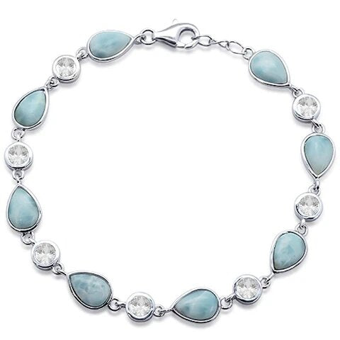 Sterling Silver Pear Natural Larimar And Cubic Zirconia Bracelet