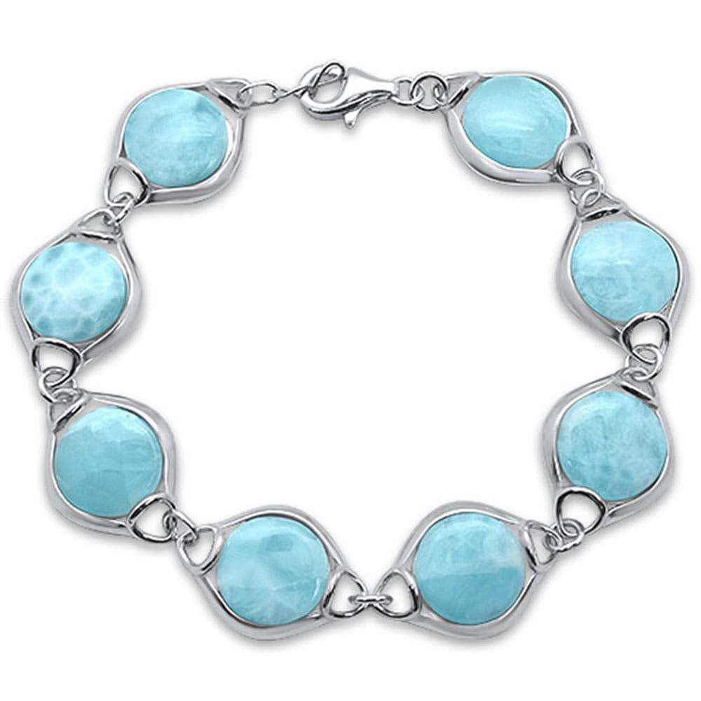 Sterling Silver Round Natural Larimar Design Bracelet