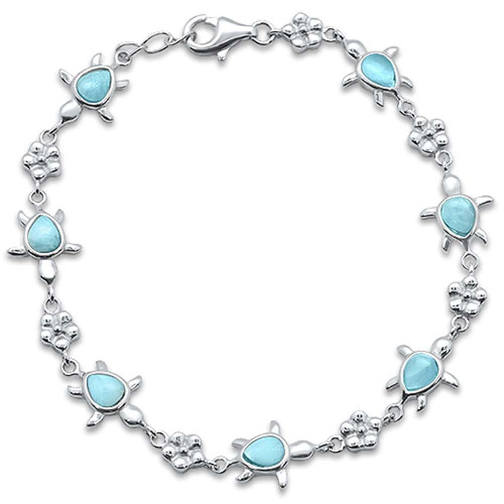 Sterling Silver Natural Larimar Turtles Bracelet