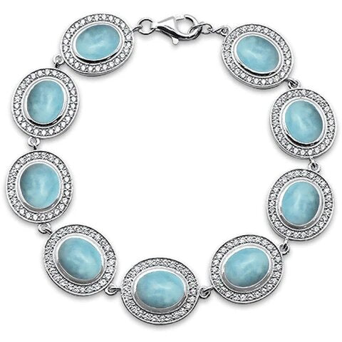 Sterling Silver Oval Natural Larimar And Cubic Zirconia Bracelet