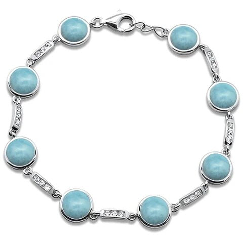 Sterling Silver Round Natural Larimar And Cubic Zirconia Bracelet