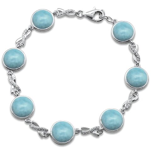 Sterling Silver Round Natural Larimar Infinity Cubic Zirconia Design Bracelet