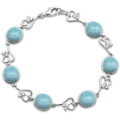 Sterling Silver Oval Natural Larimar Heart Shape Cubic Zirconia Bracelet